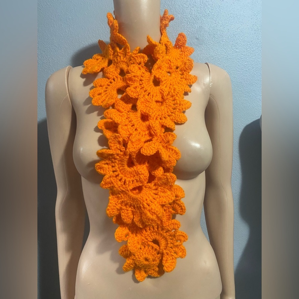 Handmade crochet lace pattern scarf orange 40”length
